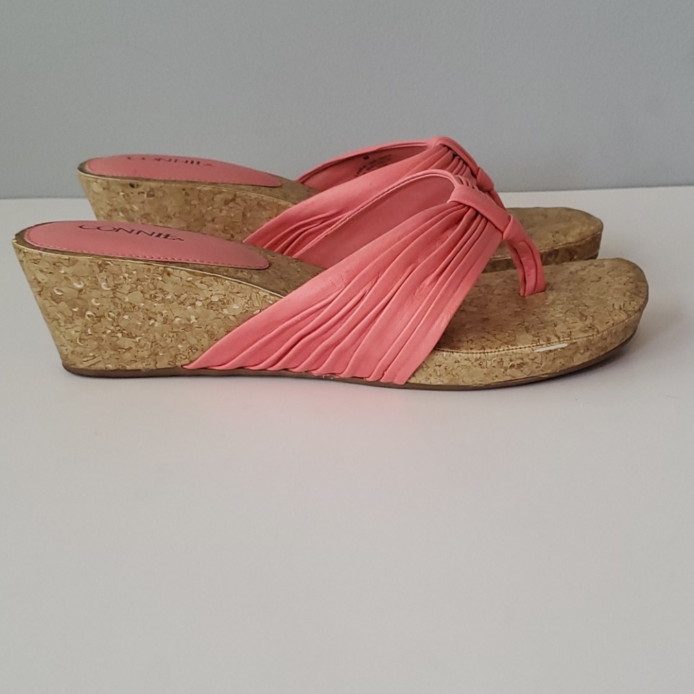 Connie Coral Pink Leather Flip Flop Wedge Sandals